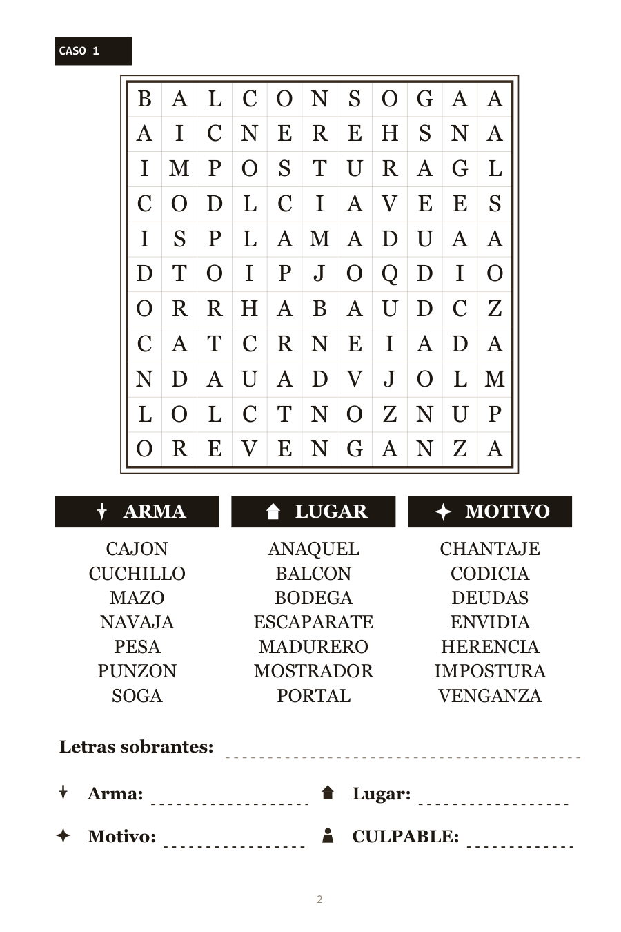 Vistazo a la sopa de letras — la cuadrícula donde busca usted el arma, el lugar y el motivo